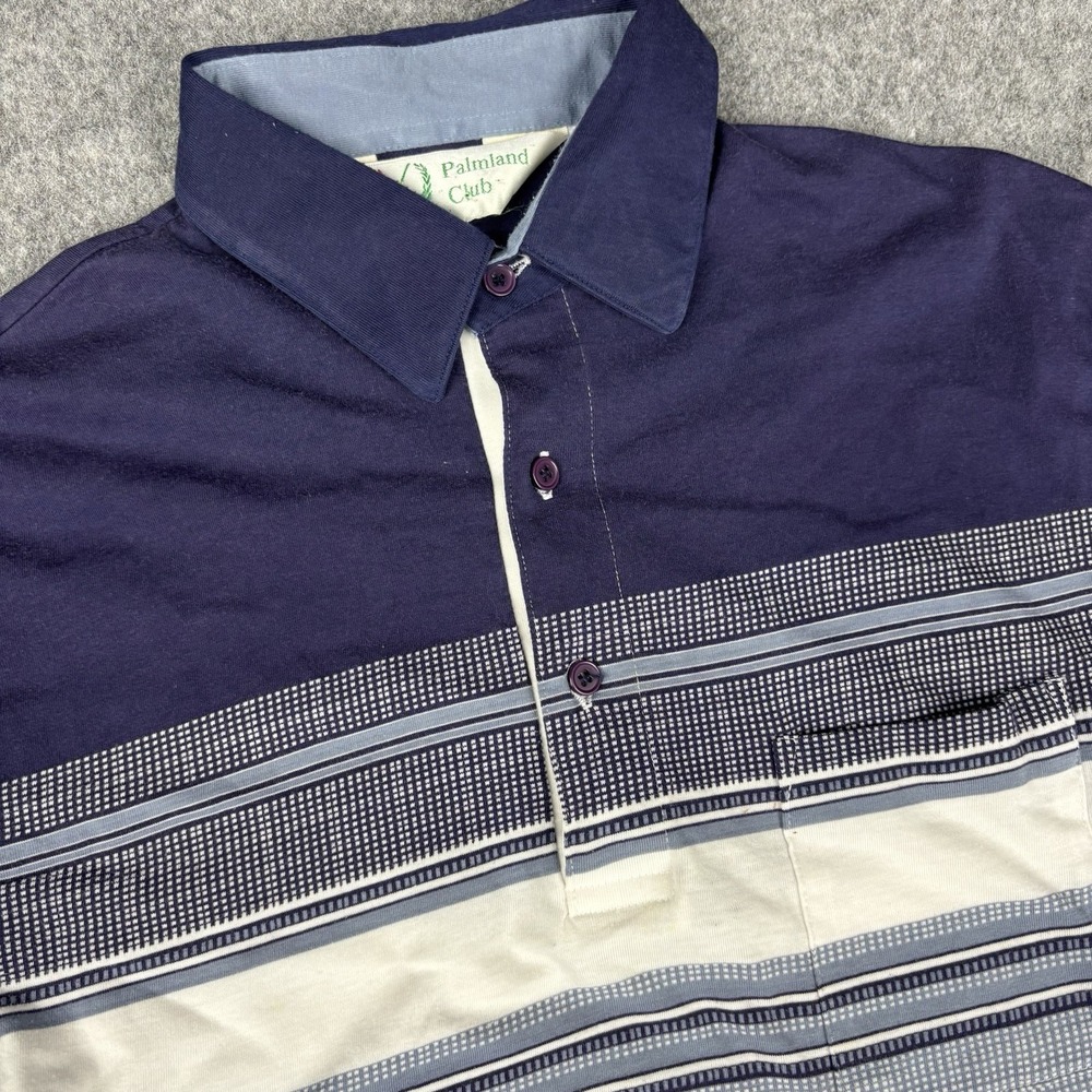 Vintage Palmland Club Polo Shirt Mens Medium Blue White Short Sleeve Pattern EUC
